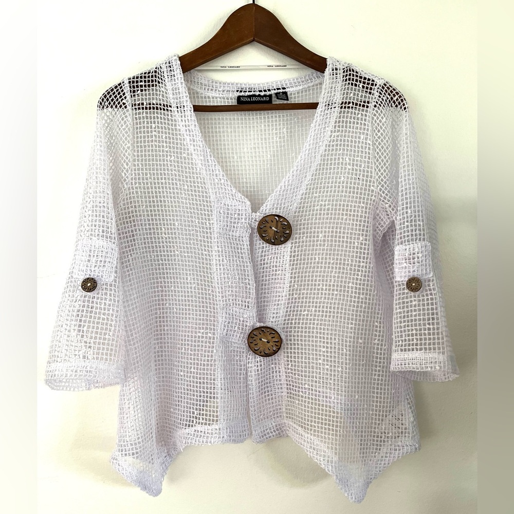 Nina Leonard Open Weave Knit Cardigan Cropped White w/ Wood Buttons Women Size M